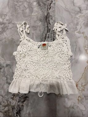 FARM Rio White Crochet Tie-Shoulder Crop Top